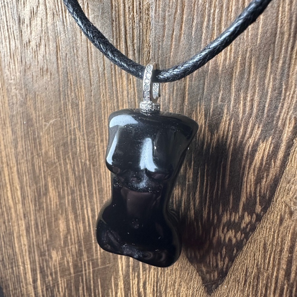 Black Obsidian Lady Body Pendant Necklace on Black Rope, Sterling Silver Bail - Picture 7 of 14